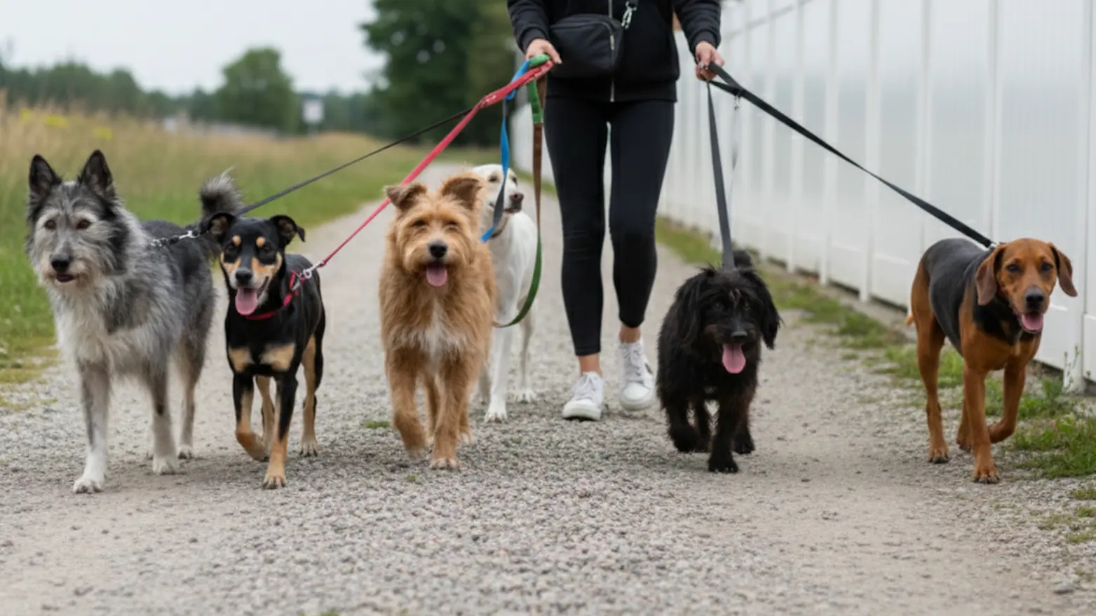 A group of dog walking in a pack with their dog walker