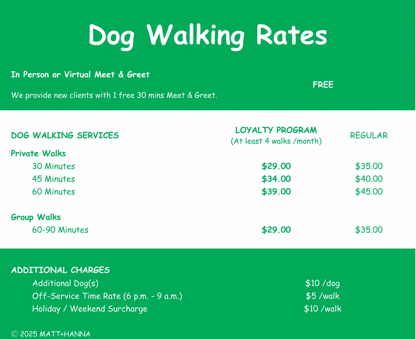 Matt + Hanna Dog Walking service Price list