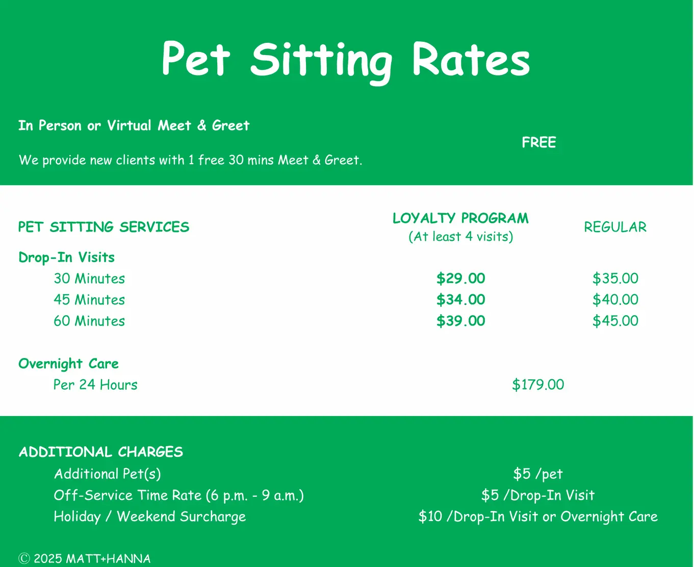 Matt Plus Hanna Pet Sitting Services price list